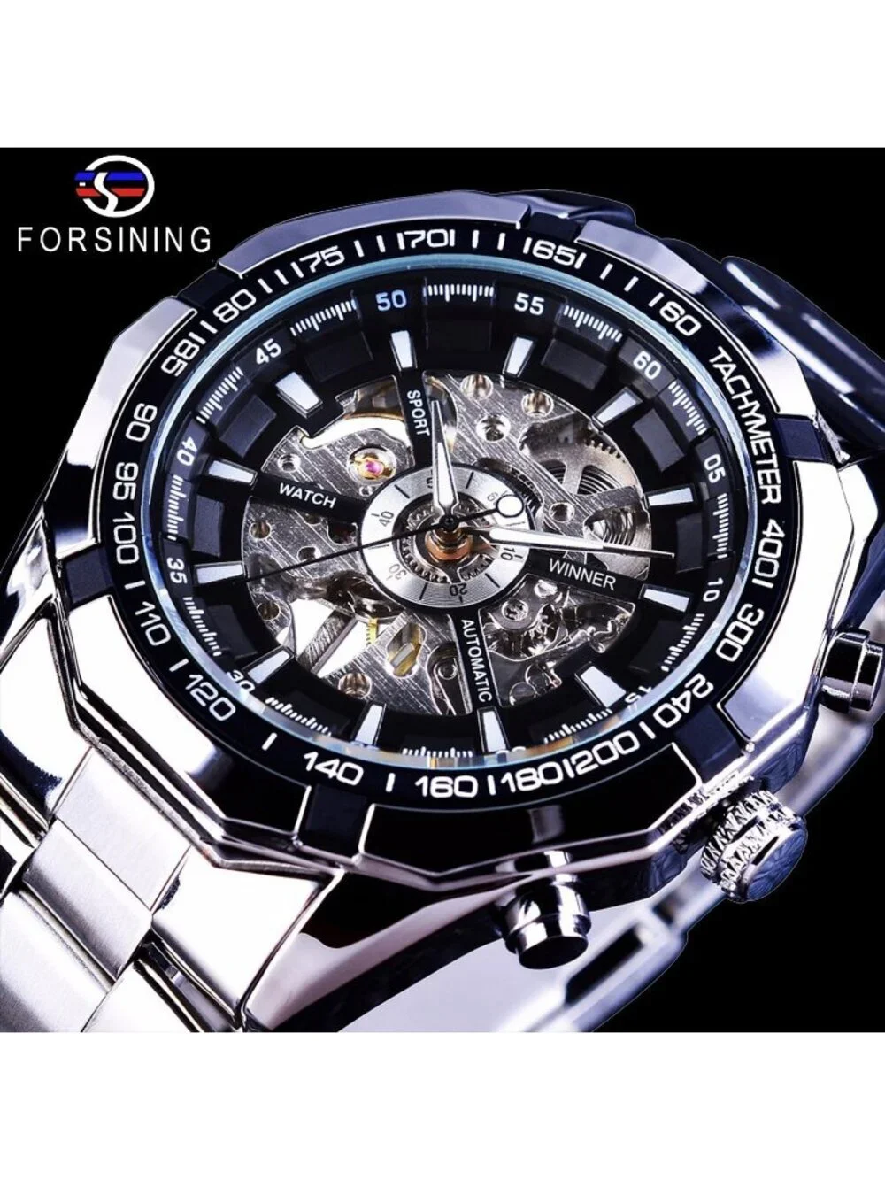 Men Silver Black Self-Wind Skeleton Hollow Out Mechanical Automatic Luxury Watch